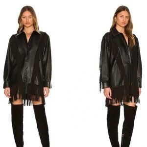 LAMARQUE Ilonna Black Fringe Leather Dress Shacket Black Small S